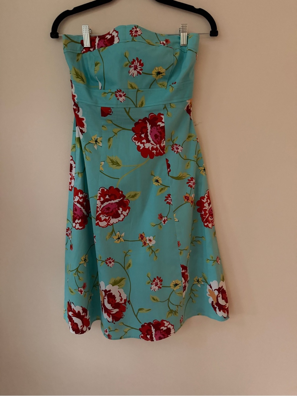 Strapless Floral Summer Dress in Aqua with Red Blooms
